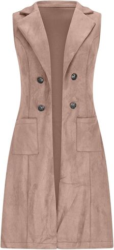 Womens Faux Suede Vest Jacket Mid Long Button Business Casual Coats Sleeveless Open Front Suede Leather Vests Jackets in Kuwait