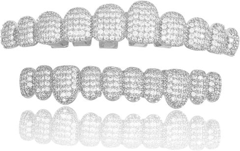 Grillz Hip-Hop 18K Gold Teeth Grillz Grills Inlaid with shiny zircon Rap Accessory Teeth Braces personality Halloween＆Christmas Wear - Comes With Tweezer & Dental Wax (Shining Silver) in Saudi Arabia
