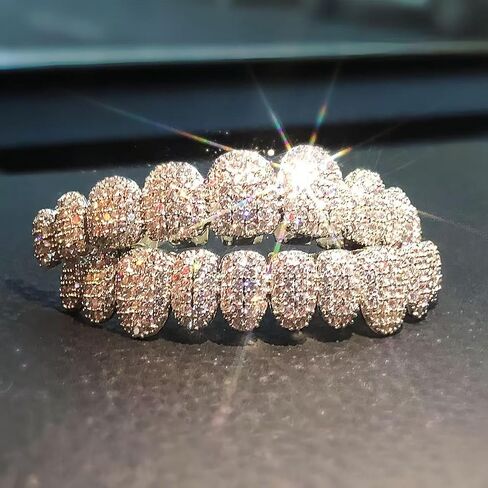 Grillz Hip-Hop 18K Gold Teeth Grillz Grills Inlaid with shiny zircon Rap Accessory Teeth Braces personality Halloween＆Christmas Wear - Comes With Tweezer & Dental Wax (Shining Silver) in Saudi Arabia
