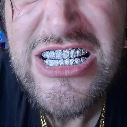 Grillz Hip-Hop 18K Gold Teeth Grillz Grills Inlaid with shiny zircon Rap Accessory Teeth Braces personality Halloween＆Christmas Wear - Comes With Tweezer & Dental Wax (Shining Silver) in Saudi Arabia