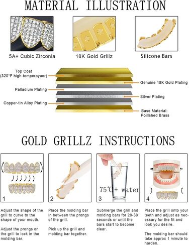 Grillz Hip-Hop 18K Gold Teeth Grillz Grills Inlaid with shiny zircon Rap Accessory Teeth Braces personality Halloween＆Christmas Wear - Comes With Tweezer & Dental Wax (Shining Silver) in Saudi Arabia