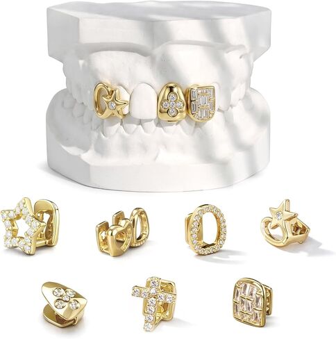 Gold Grillz for Teeth, 14K Gold Plated Diamond Grillz Set, 8PCS Hip Hop Teeth Grillz with Fitting Tool, Custom Fit Iced Out Fake Tooth Caps for Men & Women in Saudi Arabia