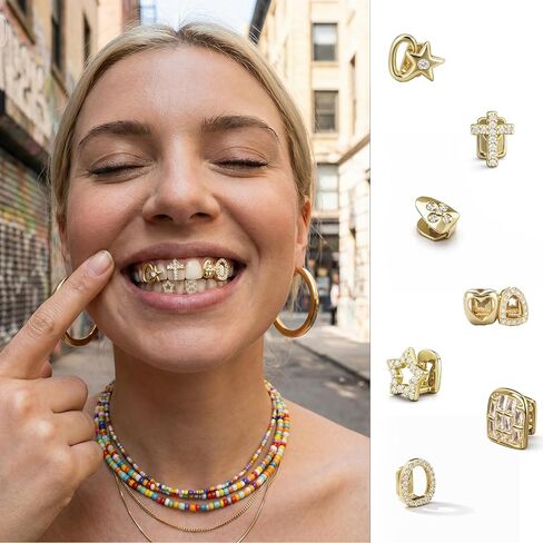 Gold Grillz for Teeth, 14K Gold Plated Diamond Grillz Set, 8PCS Hip Hop Teeth Grillz with Fitting Tool, Custom Fit Iced Out Fake Tooth Caps for Men & Women in Saudi Arabia