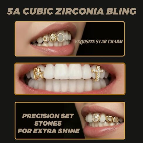 Gold Grillz for Teeth, 14K Gold Plated Diamond Grillz Set, 8PCS Hip Hop Teeth Grillz with Fitting Tool, Custom Fit Iced Out Fake Tooth Caps for Men & Women in Saudi Arabia