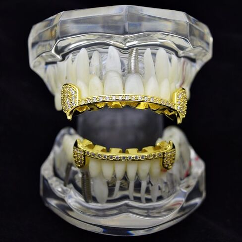 CZ Fang Grillz Set 14k Gold Plated Lower Half Teeth Cubic Zirconia Slim Bar Vampire Fangs Grills in Saudi Arabia