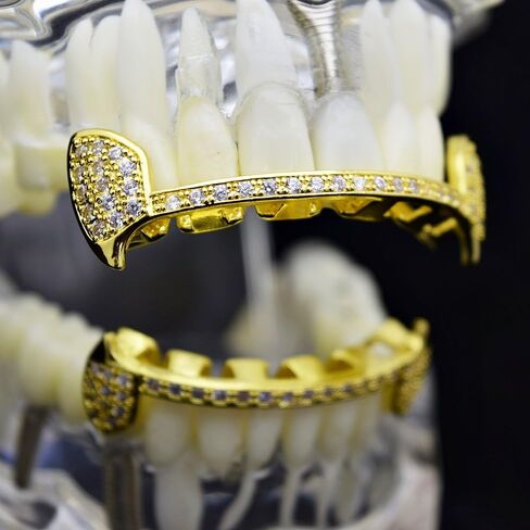 CZ Fang Grillz Set 14k Gold Plated Lower Half Teeth Cubic Zirconia Slim Bar Vampire Fangs Grills in Saudi Arabia
