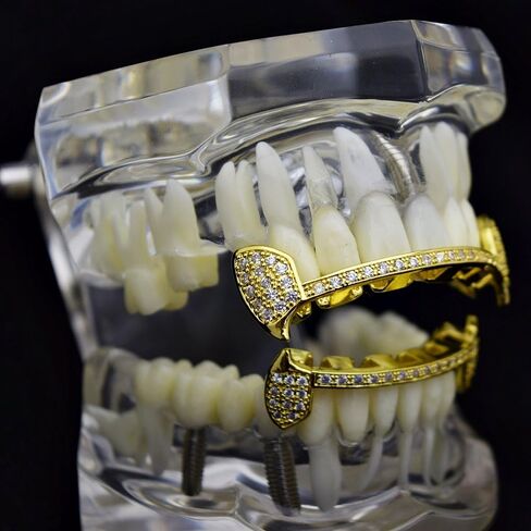 CZ Fang Grillz Set 14k Gold Plated Lower Half Teeth Cubic Zirconia Slim Bar Vampire Fangs Grills in Saudi Arabia
