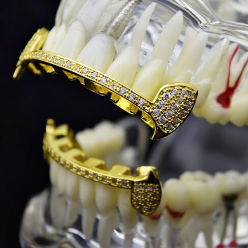 CZ Fang Grillz Set 14k Gold Plated Lower Half Teeth Cubic Zirconia Slim Bar Vampire Fangs Grills in Saudi Arabia