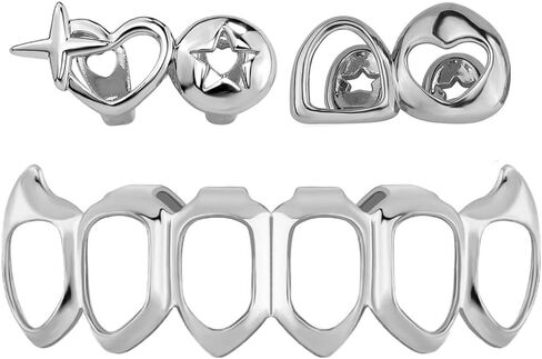 Gold Grillz Set Open Face Hip Hop Teeth 14k Gold Plated Dental Caps for Top Bottom Removable Teeth Grills for Men Women Rapper Costume Cosplay Extra Molding Bar in Kuwait