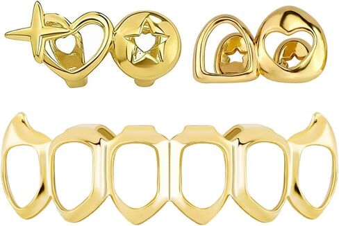 Gold Grillz Set Open Face Hip Hop Teeth 14k Gold Plated Dental Caps for Top Bottom Removable Teeth Grills for Men Women Rapper Costume Cosplay Extra Molding Bar in Kuwait