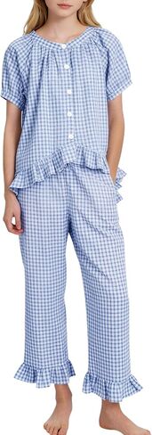 COZYPOIN Girls Plaid 2 Piece Outfits Cotton Ruffle Short Sleeve Button Gingham Top Pant Set Cute Clothes for Tween Girl 5-14Y in Kuwait