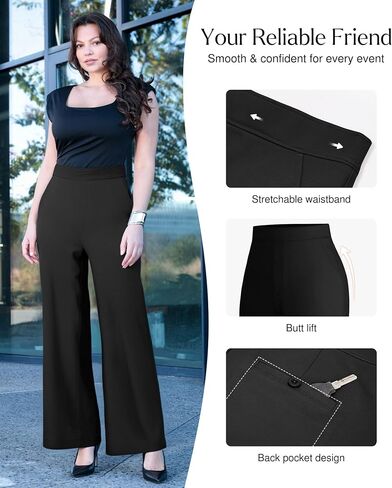 Popilush Trousers Pants for Women High Waisted Dress Pants Work Office Wide Leg Trousers with Pockets Business Casual Outfits Black in Kuwait