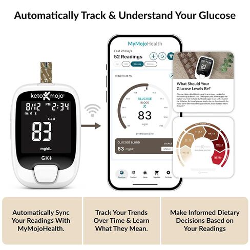 Keto-Mojo GK+ Blood Glucose Monitor Kit with 70 Glucose Test Strips – At-Home Diabetes Glucometer, Testing Bluetooth Blood Sugar Meter with App Tracking HSA/FSA in Kuwait