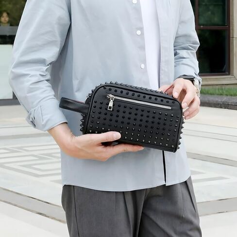 Punk Rock Studded Clutch Bag, Black, 9.1x5.1x3.9 Inches | Faux Leather, Metal Spike Design, Zippered Compartments, Urban Fashion Statement Piece in Kuwait