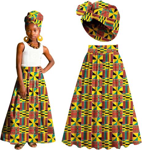 Girls African Print Maxi Skirt, Kente Ankara Long A-Line Skirt with Headwrap, Dashiki Casual Clothes in Saudi Arabia