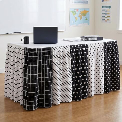 14 ft Black and White Table Skirt Classroom Teacher Desk Skirt Back to School Classroom Table Decoration with 6 Design Patterns for First Day of School Supplies Kindergarten Office Decor in Saudi Arabia