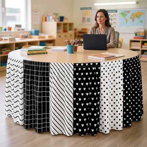 14 ft Black and White Table Skirt Classroom Teacher Desk Skirt Back to School Classroom Table Decoration with 6 Design Patterns for First Day of School Supplies Kindergarten Office Decor in Saudi Arabia