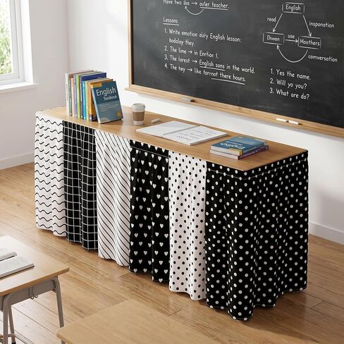 14 ft Black and White Table Skirt Classroom Teacher Desk Skirt Back to School Classroom Table Decoration with 6 Design Patterns for First Day of School Supplies Kindergarten Office Decor in Saudi Arabia