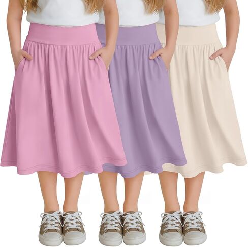 Xaatren 3 Pack Girls' Knee Length Skirts 5-14 Years Teen Midi Pockets High Waist Kids Casual Flowy Swing A Line Summer Skirts in Kuwait