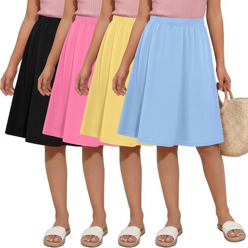 4 Pack Girls Knee Length Skirts Teen Summer Midi a Line Pleated Flowy Lightweight Skirts with Elastic Waist 5-16 Y in Kuwait