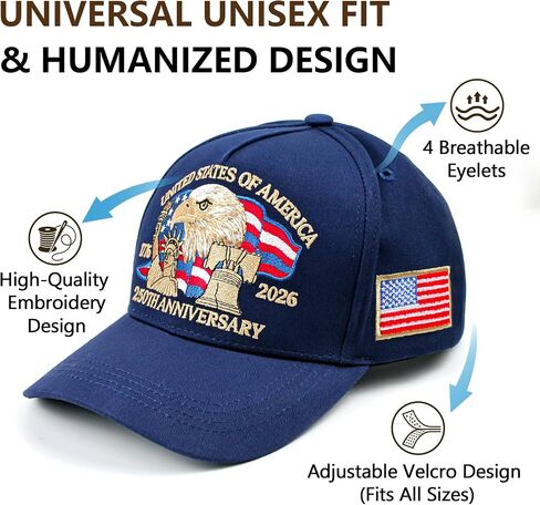 250 Anniversary USA Hat, Embroidered America 250th Anniversary Hat 1776-2026, Patriot Baseball Cap for Men Women in Saudi Arabia