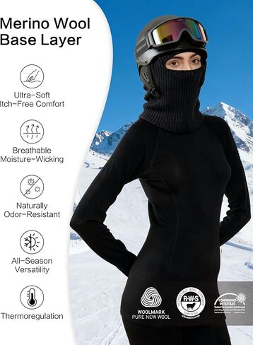 Merino Wool Winter Ski Bundle for Women – Midweight Base Layer Thermal Top & Bottom Set + 12-Way Merino Wool Neck Gaiter Face Mask, Moisture Wicking & Warm in Saudi Arabia