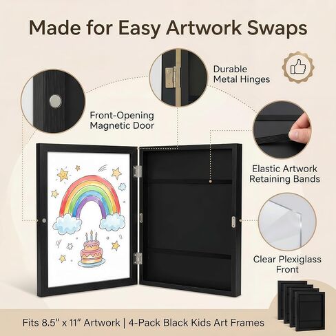 Kids Art Frames Changeable 4 Pack, Black 8.5x11 Front Opening Kids Artwork Frames with Storage, Solid Wood Magnetic Picture Frame, Clear Acrylic, Vertical or Horizontal in Saudi Arabia