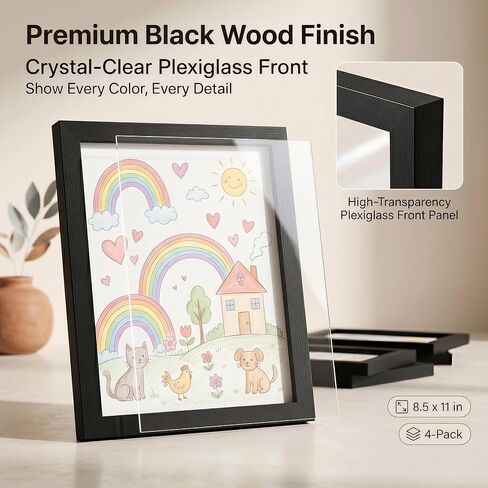 Kids Art Frames Changeable 4 Pack, Black 8.5x11 Front Opening Kids Artwork Frames with Storage, Solid Wood Magnetic Picture Frame, Clear Acrylic, Vertical or Horizontal in Saudi Arabia