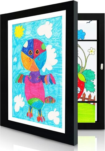 إطارات عمل فنية للأطفال قابلة للتغيير - فتحة أمامية تحمل أكثر من 150 رسمًا، وحرف ثلاثية الأبعاد، وصور، إطارات صور خشبية للأطفال مقاس 8.5 × 11 بوصة مع حصيرة، باب مغناطيسي، لوحة فنية جدارية مؤطرة لتخزين الأعمال الفنية للأطفال، أسود in Kuwait