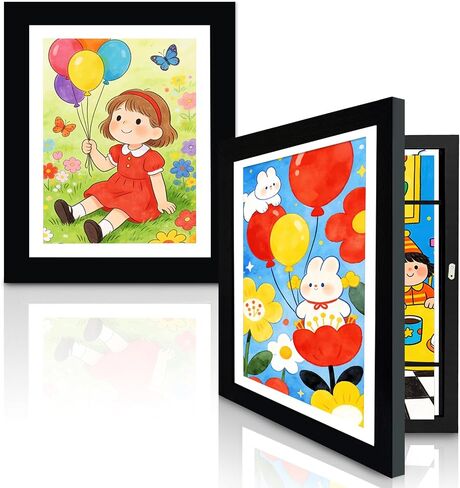إطارات عمل فنية للأطفال قابلة للتغيير - فتحة أمامية تحمل أكثر من 150 رسمًا، وحرف ثلاثية الأبعاد، وصور، إطارات صور خشبية للأطفال مقاس 8.5 × 11 بوصة مع حصيرة، باب مغناطيسي، لوحة فنية جدارية مؤطرة لتخزين الأعمال الفنية للأطفال، أسود in Kuwait