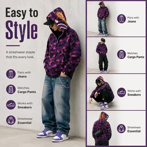 Complete Size Range Unisex Shark Hoodie Shark Jacket Camo, Full Zip, Cotton Adult Sweatshirt for Young Boy&Girl in Kuwait