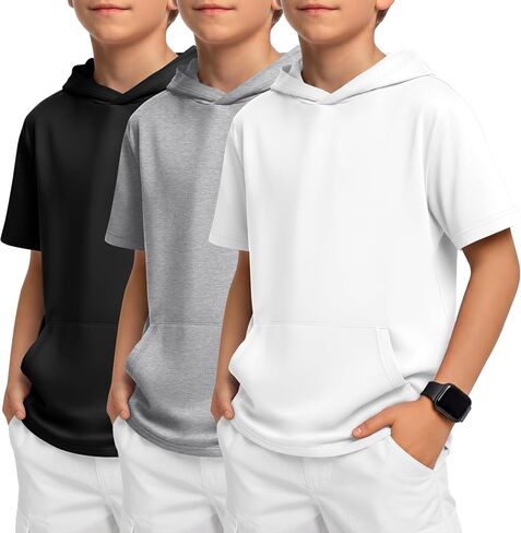 Halfchet 3 Pack Boys Short Sleeve Hoodies Kids Loose Lightweight Sweatshirts Casual Active Athletic Pullovers with Pocket in Kuwait