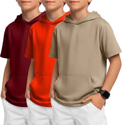 Halfchet 3 Pack Boys Short Sleeve Hoodies Kids Loose Lightweight Sweatshirts Casual Active Athletic Pullovers with Pocket in Saudi Arabia
