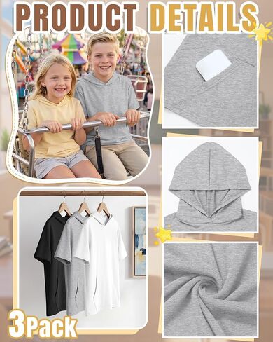 Halfchet 3 Pack Boys Short Sleeve Hoodies Kids Loose Lightweight Sweatshirts Casual Active Athletic Pullovers with Pocket in Kuwait