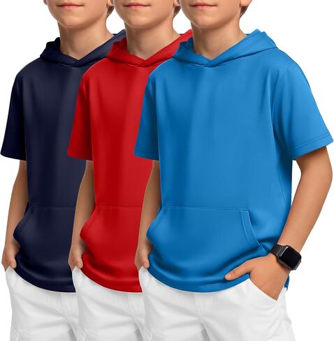 Halfchet 3 Pack Boys Short Sleeve Hoodies Kids Loose Lightweight Sweatshirts Casual Active Athletic Pullovers with Pocket in Kuwait