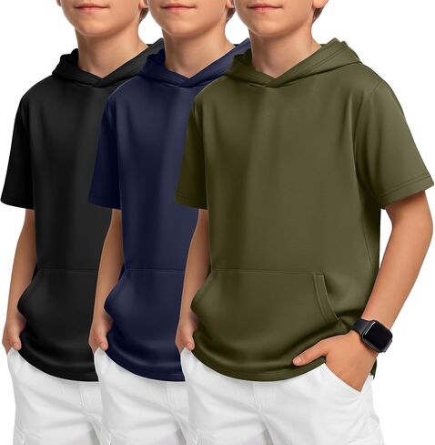 Halfchet 3 Pack Boys Short Sleeve Hoodies Kids Loose Lightweight Sweatshirts Casual Active Athletic Pullovers with Pocket in Kuwait