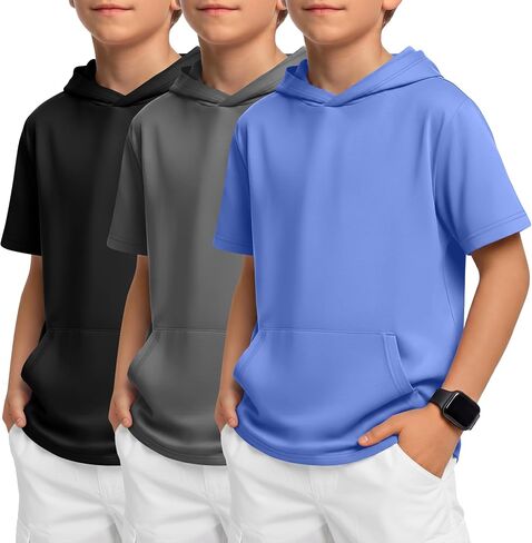 Halfchet 3 Pack Boys Short Sleeve Hoodies Kids Loose Lightweight Sweatshirts Casual Active Athletic Pullovers with Pocket in Kuwait