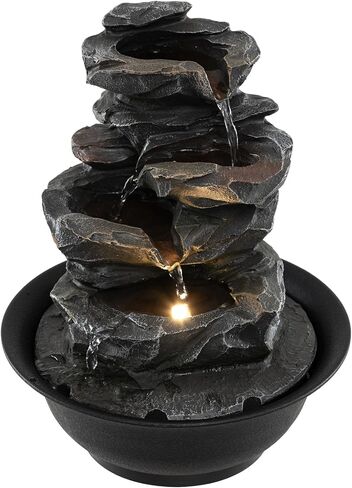 Giantex Tabletop Water Fountain with Warm LED Light, Tiered Rock Waterfall with Pump, Zen Meditation Desktop Decor for Office, Home Relaxation in Saudi Arabia