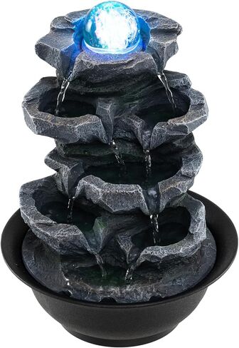 Giantex Tabletop Water Fountain with Warm LED Light, Tiered Rock Waterfall with Pump, Zen Meditation Desktop Decor for Office, Home Relaxation in Saudi Arabia