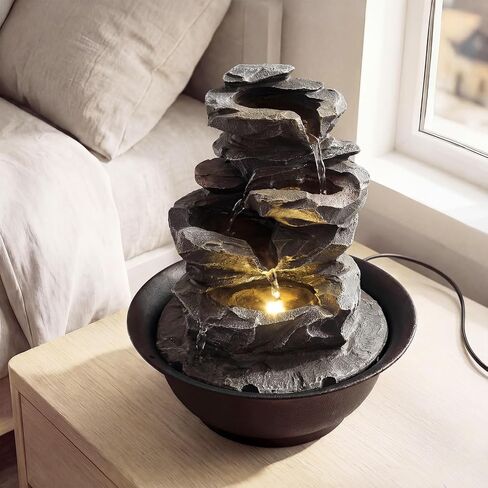 Giantex Tabletop Water Fountain with Warm LED Light, Tiered Rock Waterfall with Pump, Zen Meditation Desktop Decor for Office, Home Relaxation in Saudi Arabia