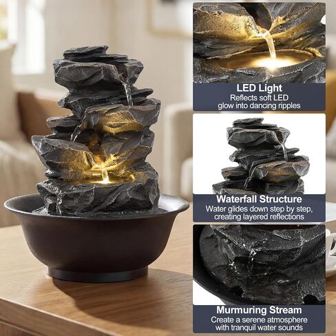 Giantex Tabletop Water Fountain with Warm LED Light, Tiered Rock Waterfall with Pump, Zen Meditation Desktop Decor for Office, Home Relaxation in Saudi Arabia