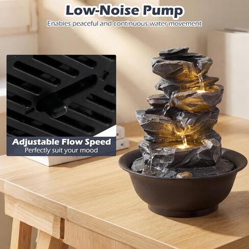 Giantex Tabletop Water Fountain with Warm LED Light, Tiered Rock Waterfall with Pump, Zen Meditation Desktop Decor for Office, Home Relaxation in Saudi Arabia