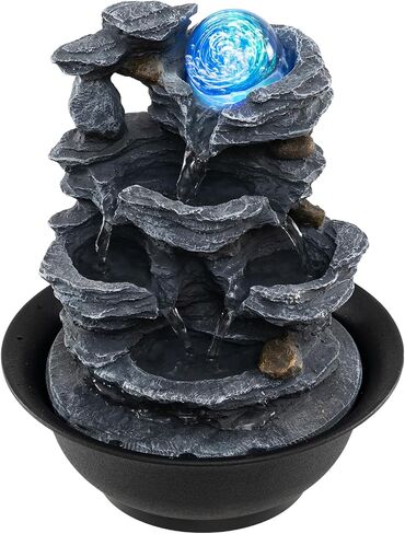 Giantex Tabletop Water Fountain with Warm LED Light, Tiered Rock Waterfall with Pump, Zen Meditation Desktop Decor for Office, Home Relaxation in Saudi Arabia