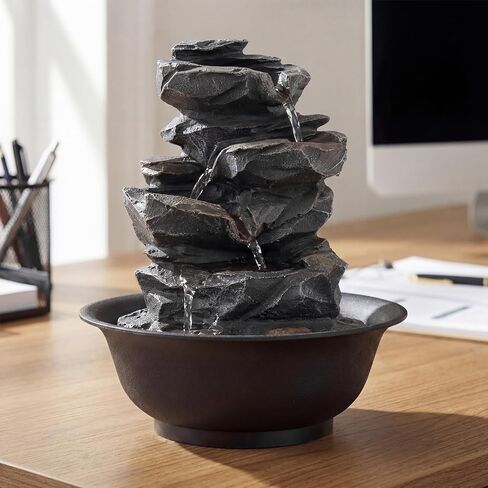 Giantex Tabletop Water Fountain with Warm LED Light, Tiered Rock Waterfall with Pump, Zen Meditation Desktop Decor for Office, Home Relaxation in Saudi Arabia