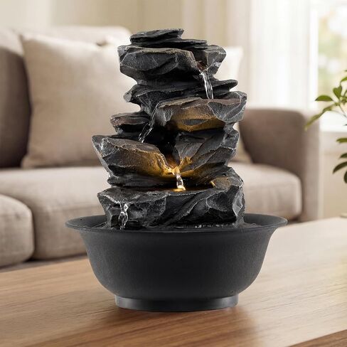 Giantex Tabletop Water Fountain with Warm LED Light, Tiered Rock Waterfall with Pump, Zen Meditation Desktop Decor for Office, Home Relaxation in Saudi Arabia