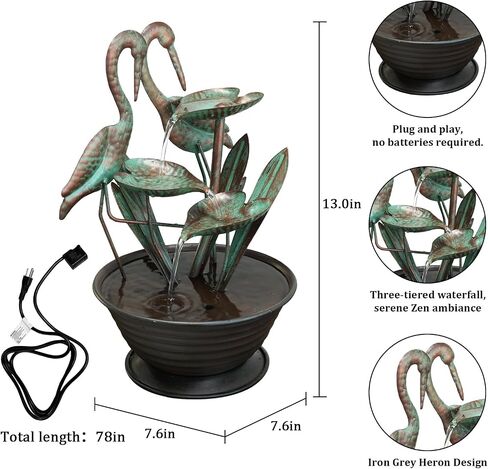 YEAHOME Tabletop Water Fountain with Standing Metal Crane for Home Decor, 3-Tier Lotus Leaf Indoor Zen Waterfall Fountains for Apartment, Living Room, Housewarming Gifts in Kuwait