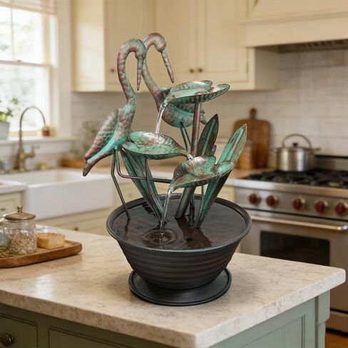 YEAHOME Tabletop Water Fountain with Standing Metal Crane for Home Decor, 3-Tier Lotus Leaf Indoor Zen Waterfall Fountains for Apartment, Living Room, Housewarming Gifts in Kuwait