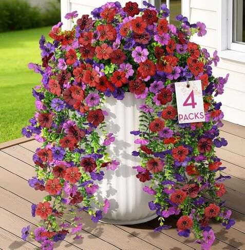 Alupssuc 4PCS Artificial Fake Hanging Flowers for Outdoor Spring Decoration, UV Resistant No Fade Faux Silk Daisy Floral Plastic Plants for Outside Indoor Yard Home Porch Realistic Decor, Mix 4 Colors in Kuwait