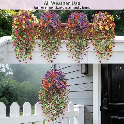 Alupssuc 4PCS Artificial Fake Hanging Flowers for Outdoor Spring Decoration, UV Resistant No Fade Faux Silk Daisy Floral Plastic Plants for Outside Indoor Yard Home Porch Realistic Decor, Mix 4 Colors in Kuwait