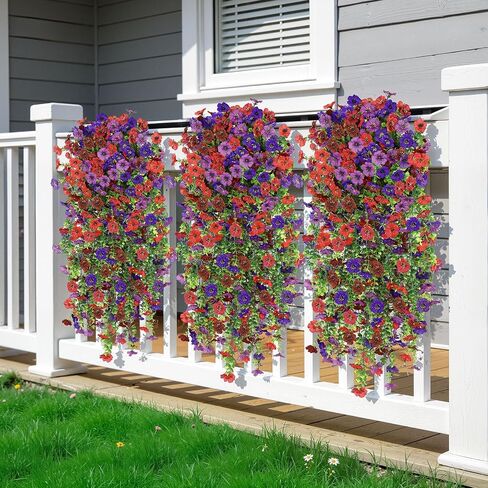 Alupssuc 4PCS Artificial Fake Hanging Flowers for Outdoor Spring Decoration, UV Resistant No Fade Faux Silk Daisy Floral Plastic Plants for Outside Indoor Yard Home Porch Realistic Decor, Mix 4 Colors in Kuwait